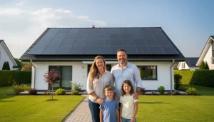Solaranlage planen auf modernem Einfamilienhaus mit Familie