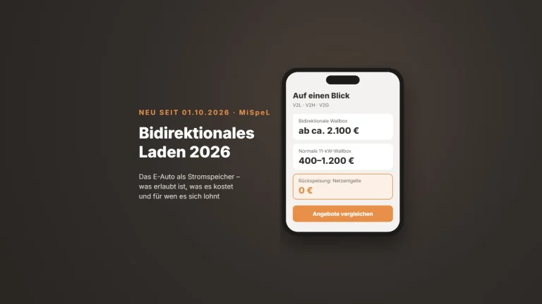 Bidirektionales Laden 2026: E-Auto als Stromspeicher – bidirektionale Wallbox ab ca. 2.100 €, keine Netzentgelte auf Rückspeisung seit MiSpeL