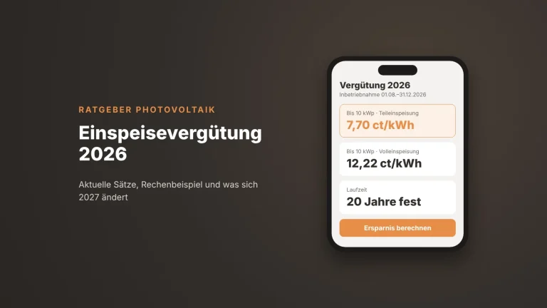 Einspeisevergütung 2026: 7,70 ct/kWh bis 10 kWp bei Teileinspeisung, 12,22 ct/kWh bei Volleinspeisung, 20 Jahre fest