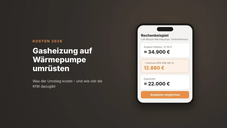 Gasheizung auf Wärmepumpe umrüsten: Kosten 2026 – Rechenbeispiel mit KfW-Zuschuss